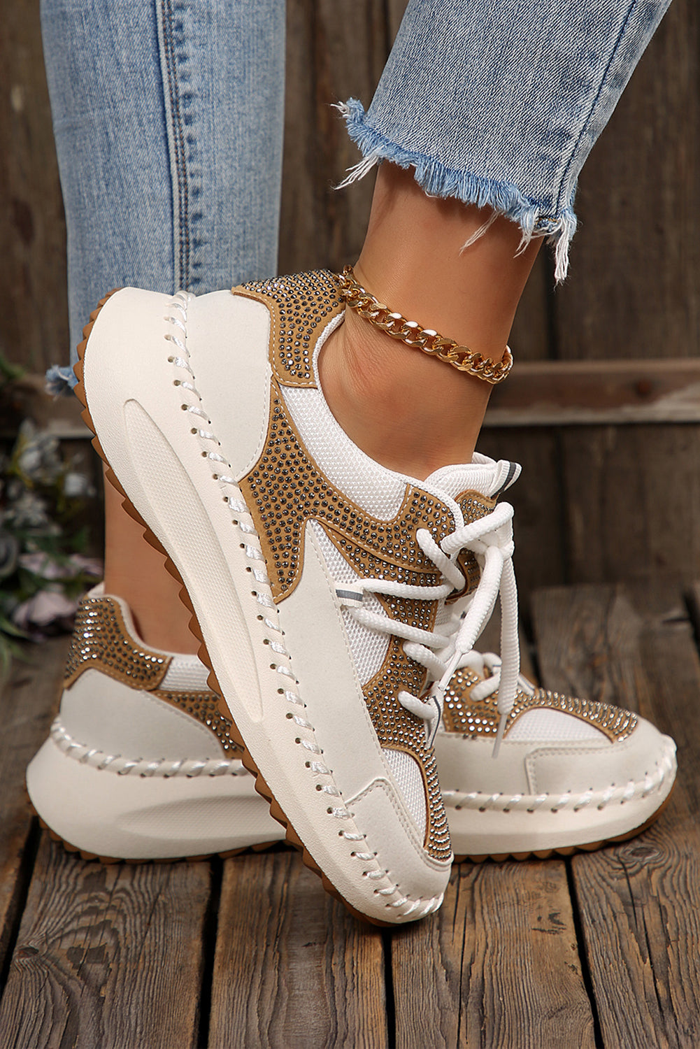 White Rhinestone PU Leather Platform Casual Sneakers