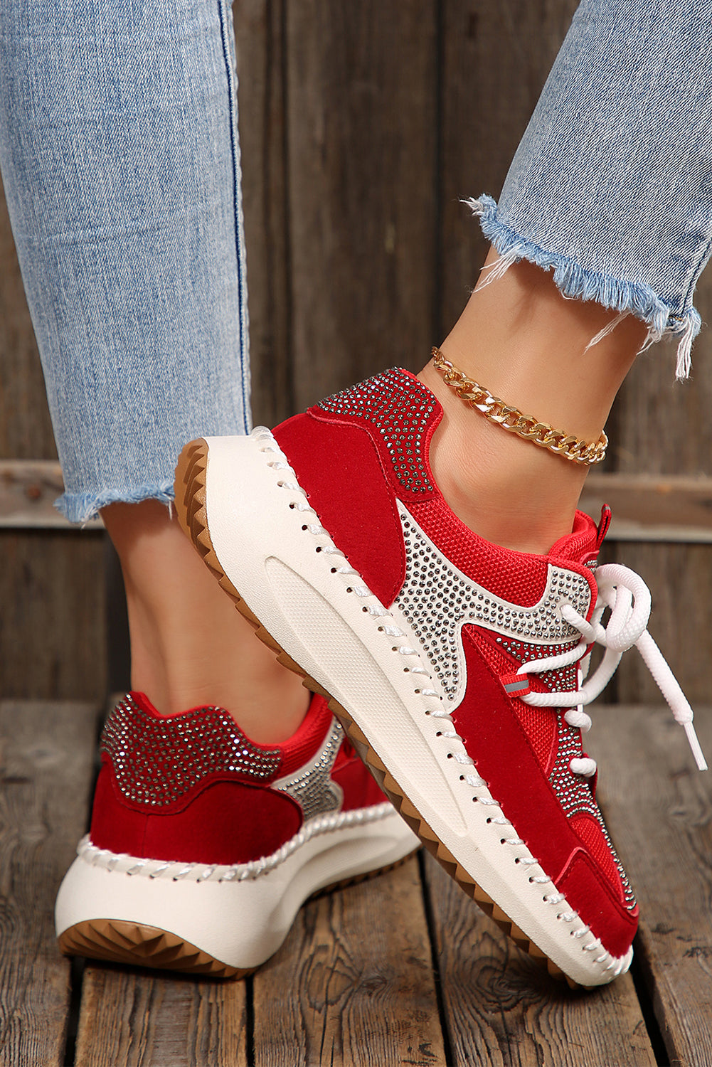 White Rhinestone PU Leather Platform Casual Sneakers