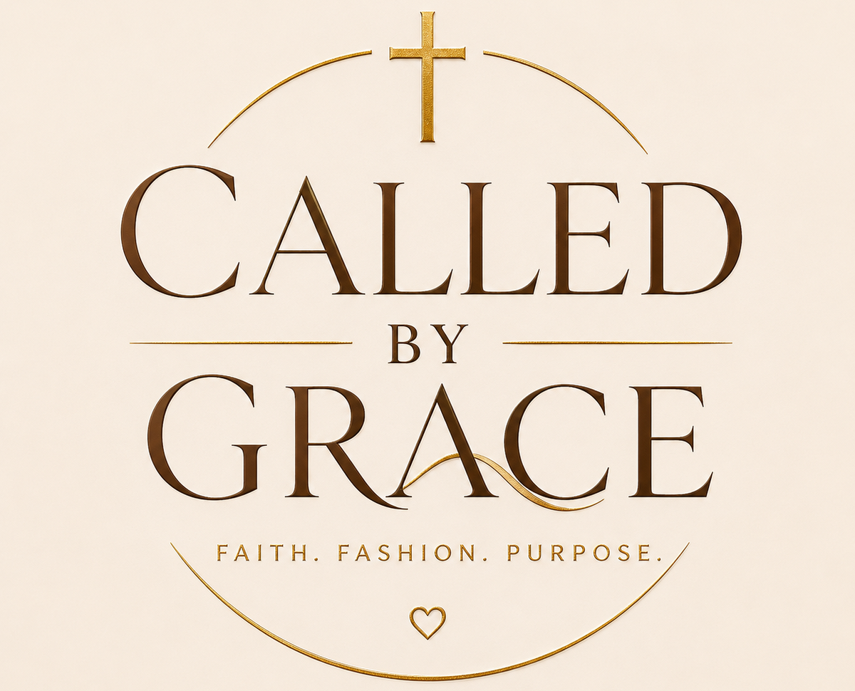 A centered graphic with a gold cross at the top, the words 'CALLED BY GRACE' in large dark brown serif lettering, and smaller text 'FAITH. FASHION.